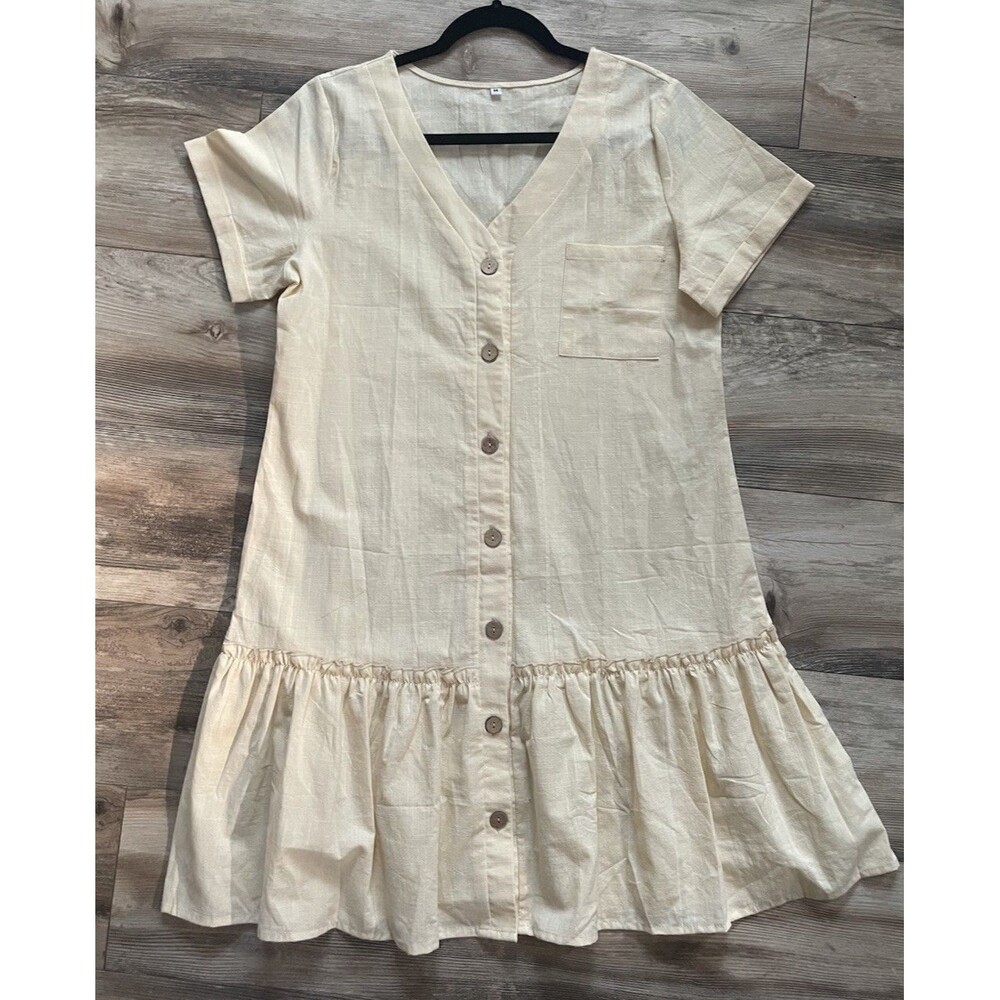 New Womens Short Sleeve Babydoll Dress Button Down Dresses Size M V-Neck